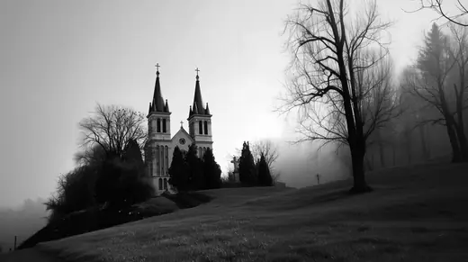 Peterwardein: A church with twin spires on a foggy hill