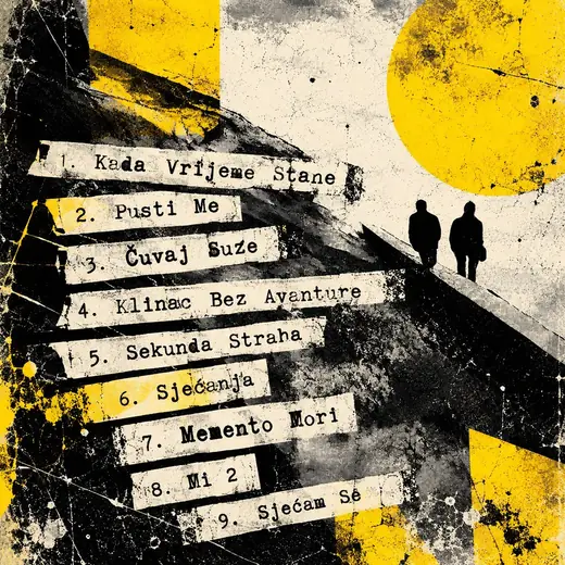 Pičke Vrište: Memento Mori: Back cover variant: tracklist with two figures walking under a yellow sun