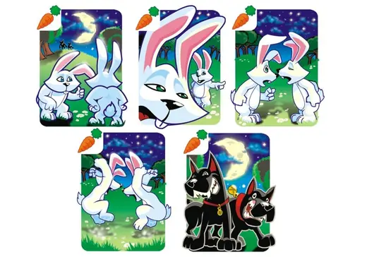 Priče na kartama: Five cards of the story Dva zeca, two white rabbits and two black dogs