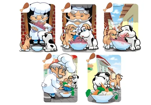 Priče na kartama: Five cards of the story Psi i kuvar, a cook and two dogs