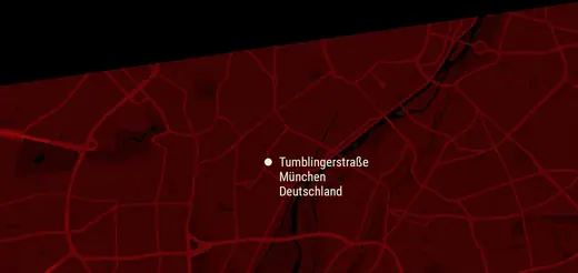 Red map of Munich showing Tumblingerstraße