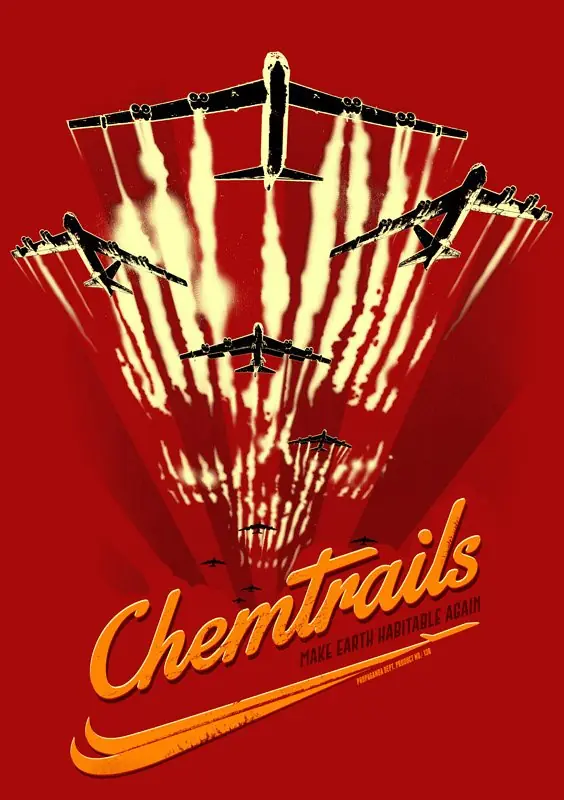 red poster showing chemtrails in skull form