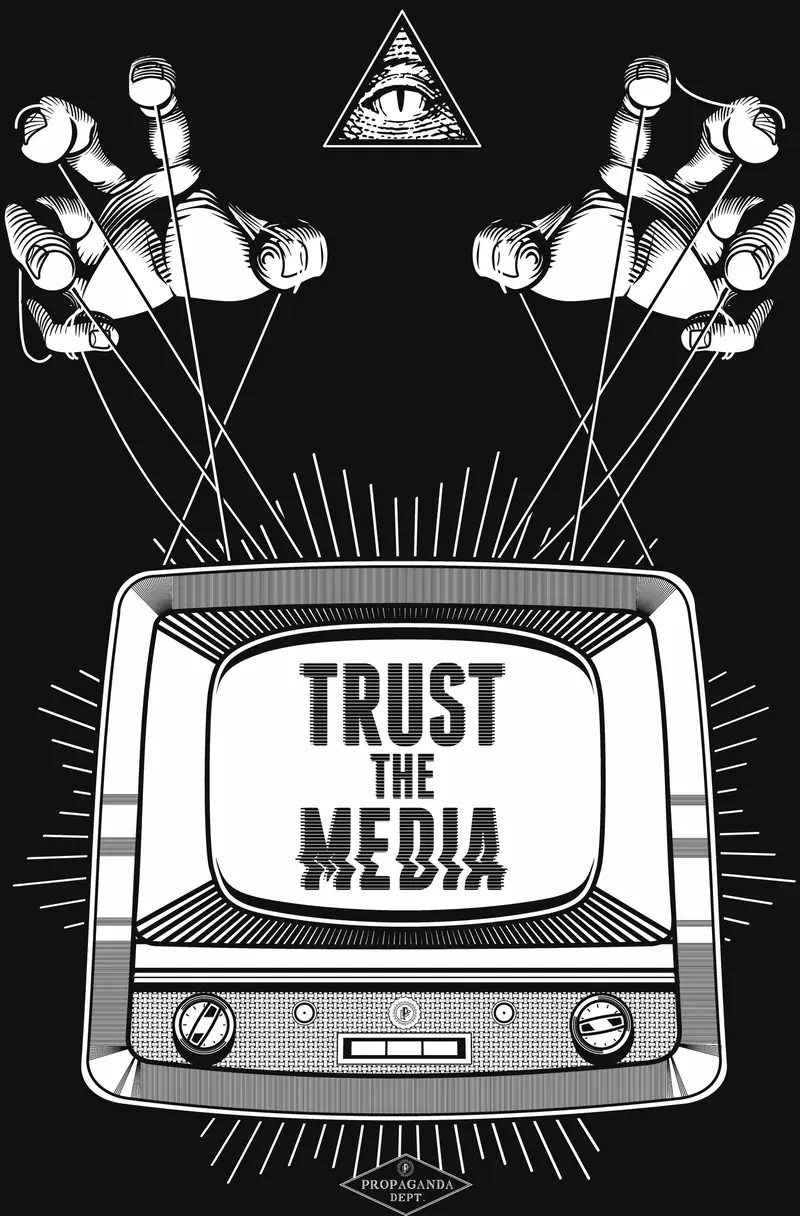illustration showing hands puling the strings attached to the TV, large letters on TV, trust the med