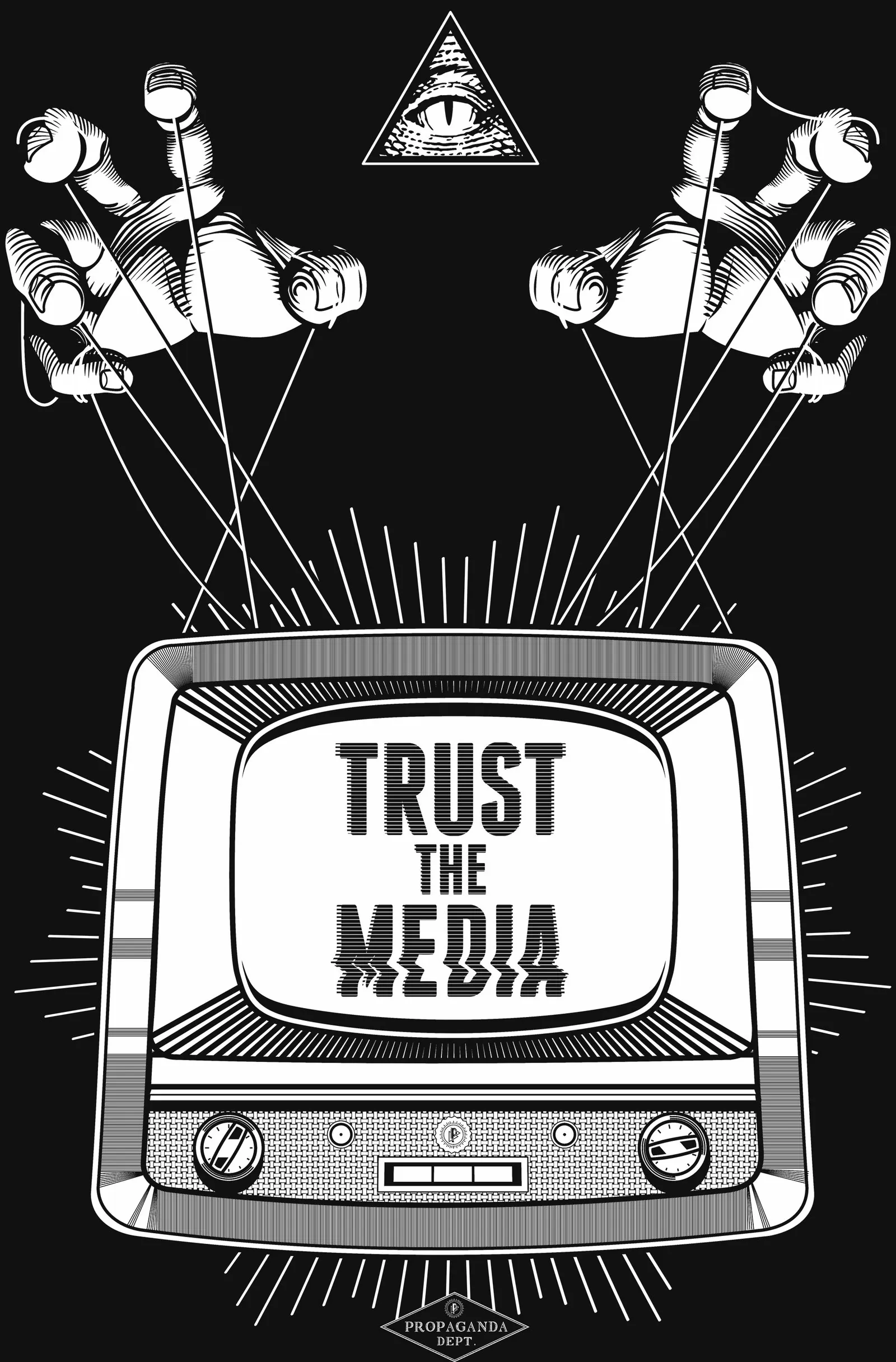 illustration showing hands puling the strings attached to the TV, large letters on TV, trust the med