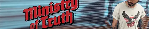 Ministry of truth banner showing a man in a t-shirt with eagle on it