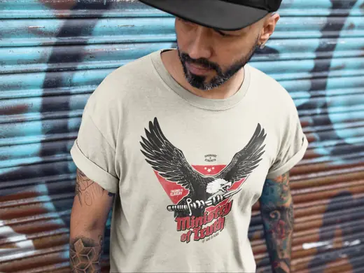 man wearing a t-shirt with eagle logo on it