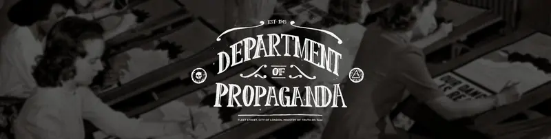 banner with the girls in the background working on posters, department of propaganda logo on it