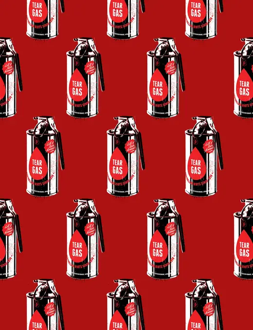 Andy wormhole style repetition of cans with labels, tear gas