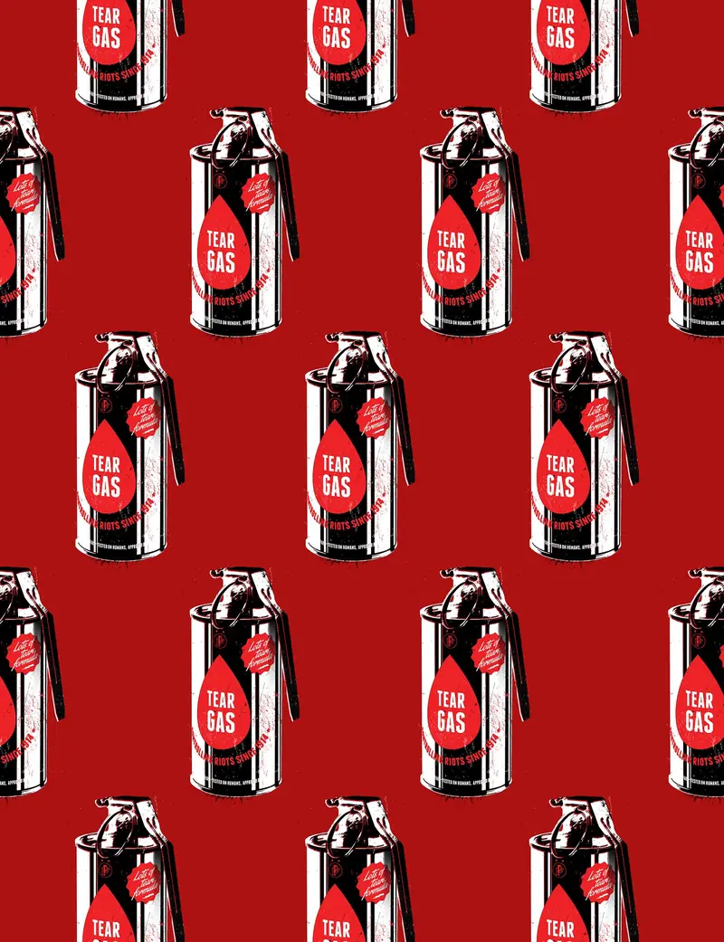 Andy wormhole style repetition of cans with labels, tear gas