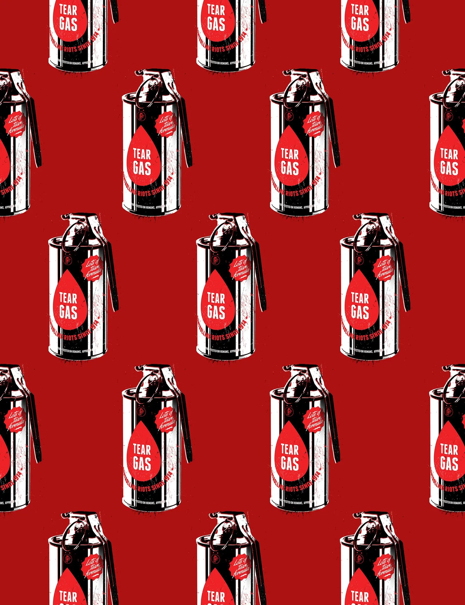 Andy wormhole style repetition of cans with labels, tear gas