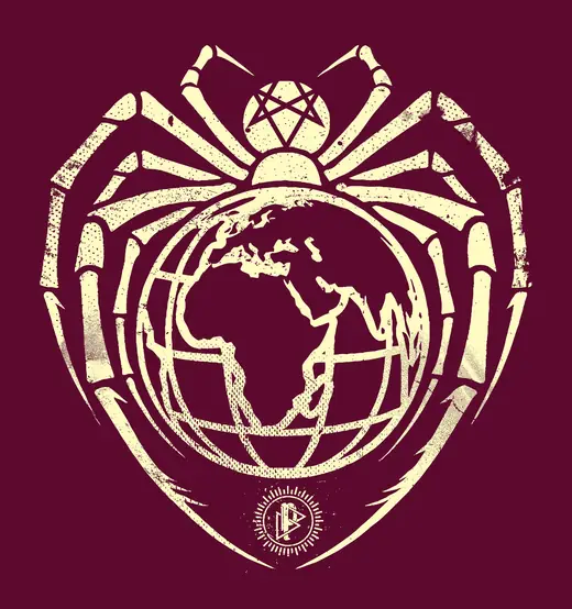 Propaganda Department: All Will Fall II: a spider clutching the globe, cream on maroon