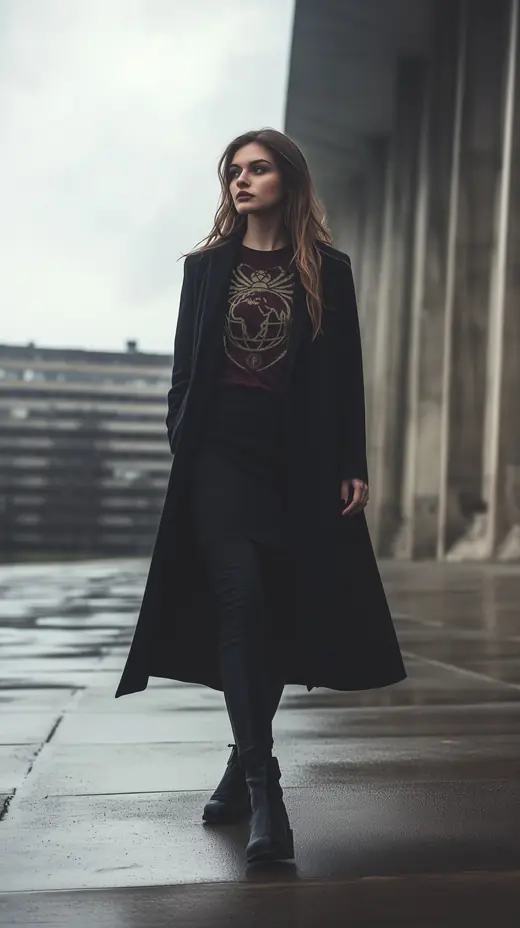 Propaganda Department: AI campaign image: a woman in a long coat wearing the All Will Fall II tee