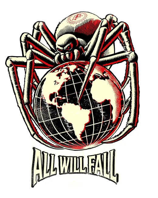 Propaganda Department: All Will Fall: a red spider gripping the globe