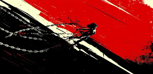 Propaganda Department: Breaking: a figure tearing through chains in red, black and cream