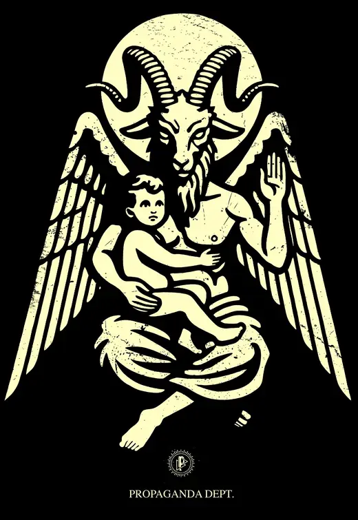 Propaganda Department: Divine Dichotomy: a winged goat figure holding a child