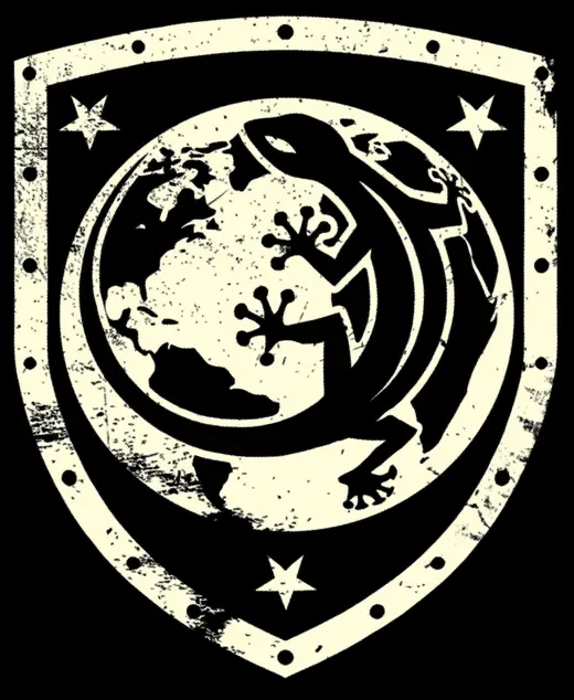 Propaganda Department: Hidden Dominion: a lizard around the globe on a shield