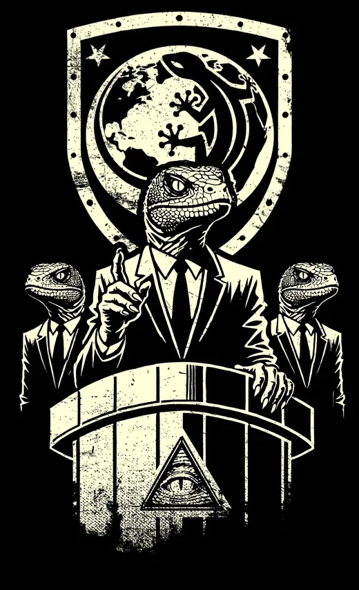 Propaganda Department: Reptilian Overlords: lizard men at a lectern