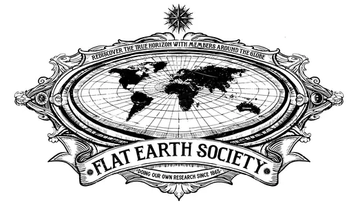 Propaganda Department: Flat Earth Society emblem with a flat world map