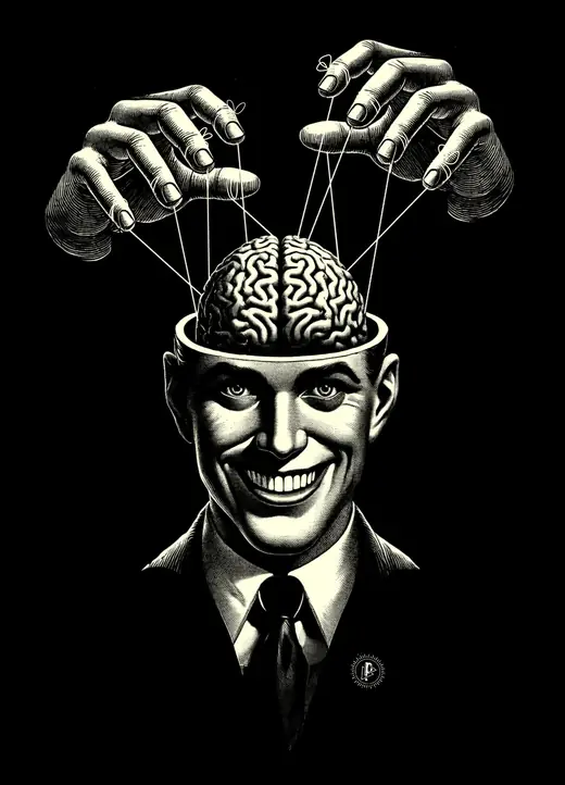 Propaganda Department: Strings of Influence: puppet hands pulling strings from a smiling man's brain