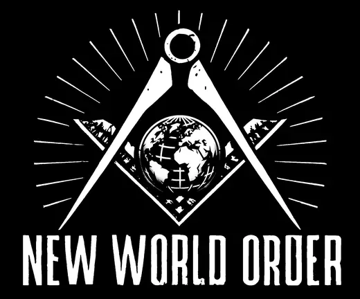 Propaganda Department: New World Order: a compass over the globe, white on black