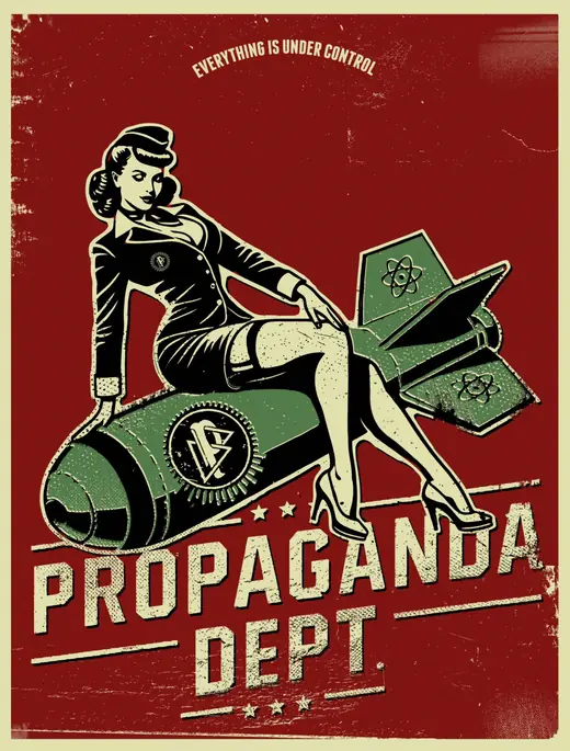 Propaganda Department: Riding the Apocalypse: a pin-up riding a bomb, Propaganda Dept. poster