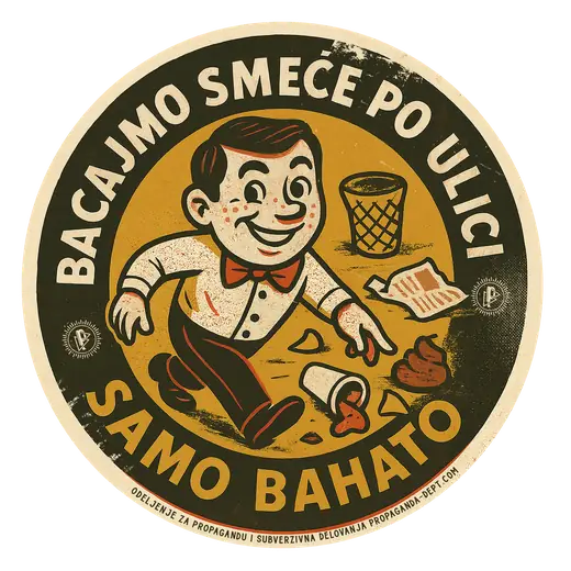 Propaganda Department: Samo bahato sticker: a boy throwing litter on the street