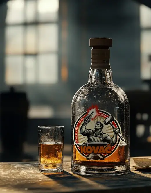 Propaganda Department: AI product shot of a Kovac quince brandy bottle with its label
