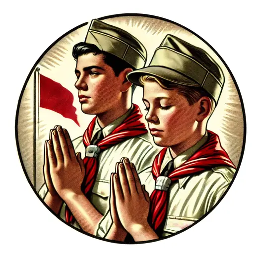 Propaganda Department: Two pioneer boys praying, in a round postage stamp style
