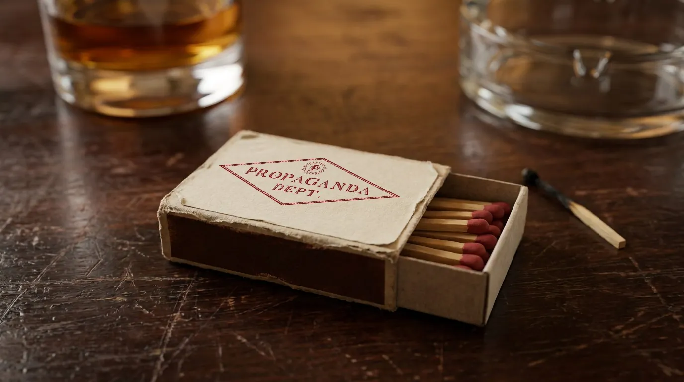 Propaganda Department: the red Propaganda Dept. diamond printed on the cream paper wrapper of a worn matchbox on a bar counter, close up