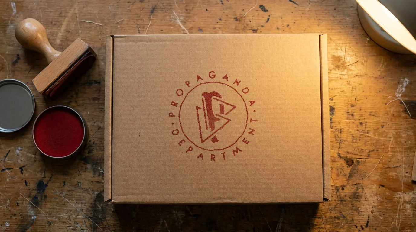 Propaganda Department: the round Propaganda Department mark rubber-stamped in red ink on the lid of a kraft mailer box on a paint-stained studio workbench, beside a stamp and an ink pad