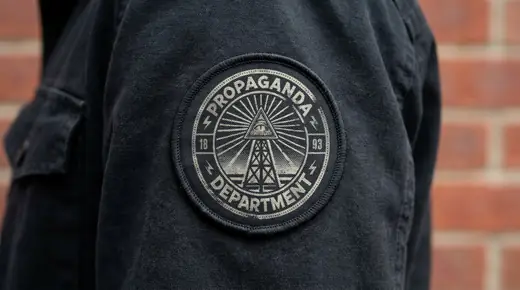 Propaganda Department: the Waves of Influence emblem, a radio tower under an all-seeing eye, woven in cream on a round black patch sewn to the sleeve of a black canvas work jacket, a red brick wall blurred behind