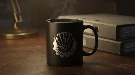 Propaganda Department: the Telescreen Tech badge, TST and radio arrows inside a cog, printed in cream on a matte black coffee mug on a worn wooden desk under a brass lamp, grey file binders behind