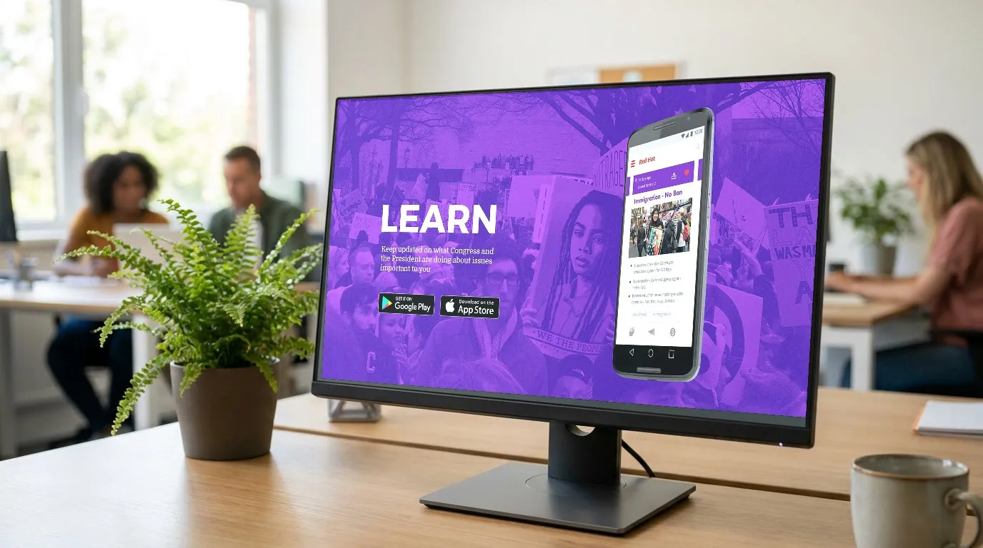 Purple Patriot: the Learn website hero with the phone app on a desktop monitor in a bright community office
