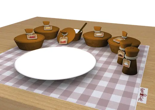 Radio Cafe: table setting with branded bowls and shakers on a checked cloth