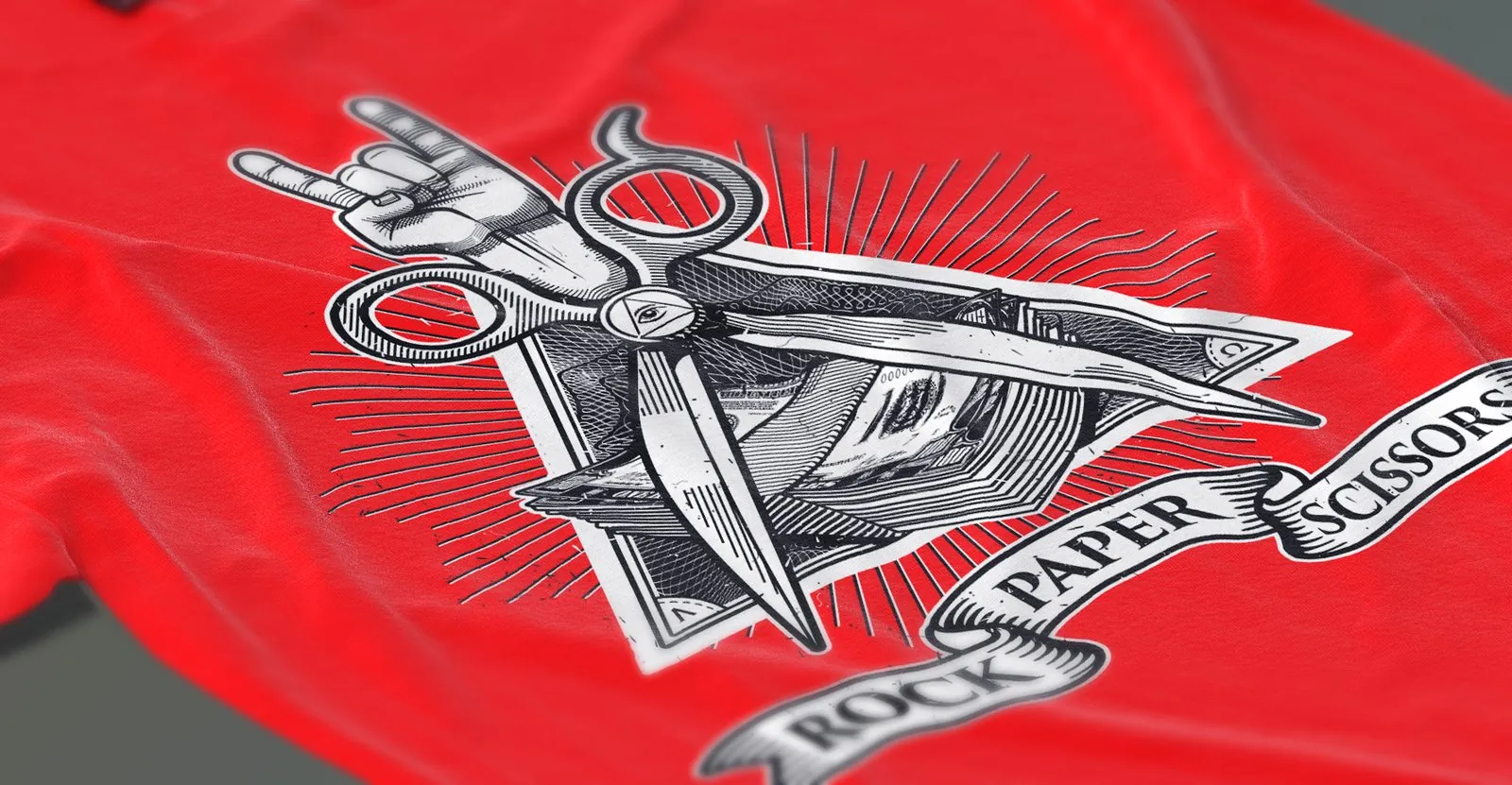 rock paper scisors logo printed on a tshirt