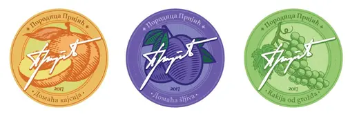 Rakija Labels: three round rakija labels in orange, purple and green