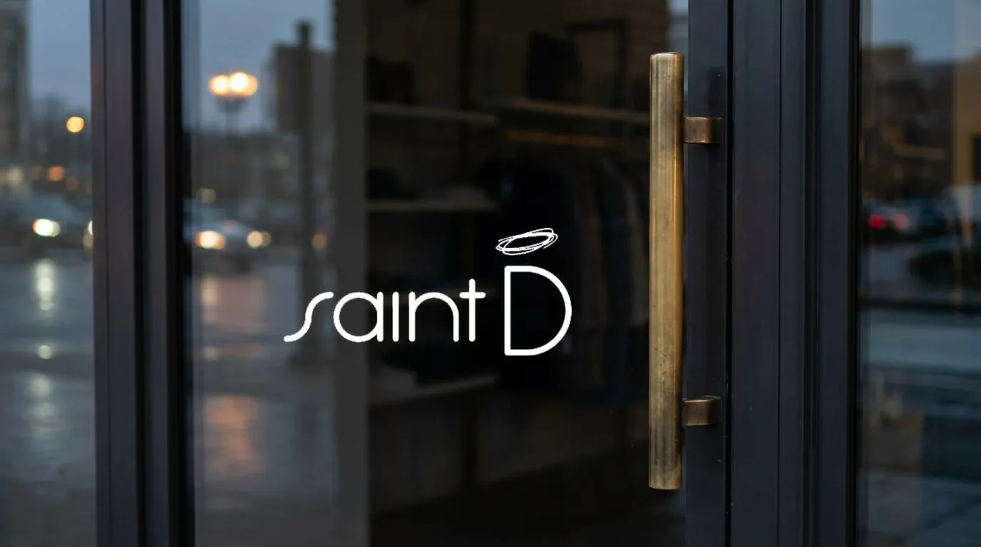 SaintD: the white saint D logo with its halo as vinyl lettering on the dark glass door of a boutique at dusk