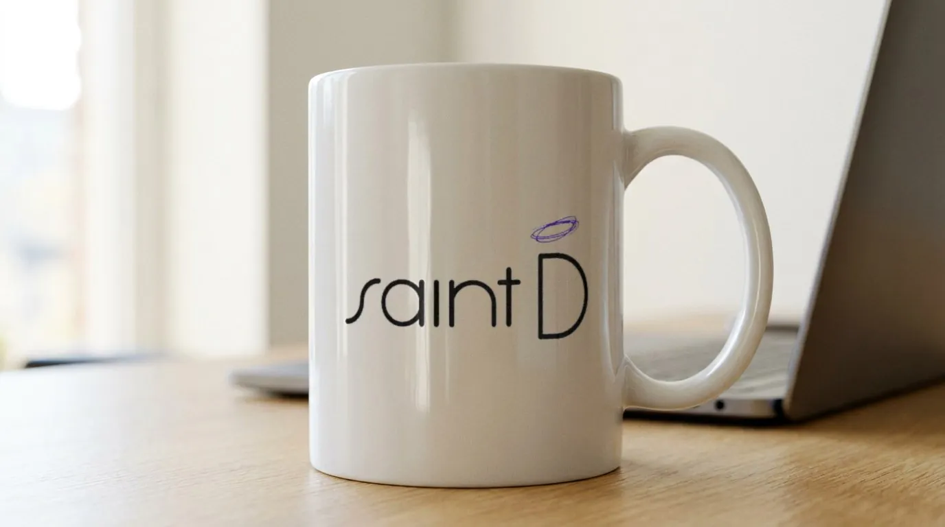 SaintD: the saint D wordmark with its purple halo printed on a white ceramic mug on a desk beside a laptop