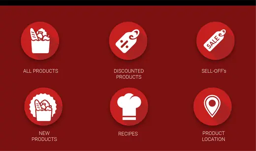 Smart Shopping Cart: home screen with six red category buttons