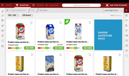 Smart Shopping Cart: product grid with filters, health scores and an ad space