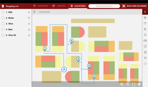 Smart Shopping Cart: store map with a route to the items on the shopping list