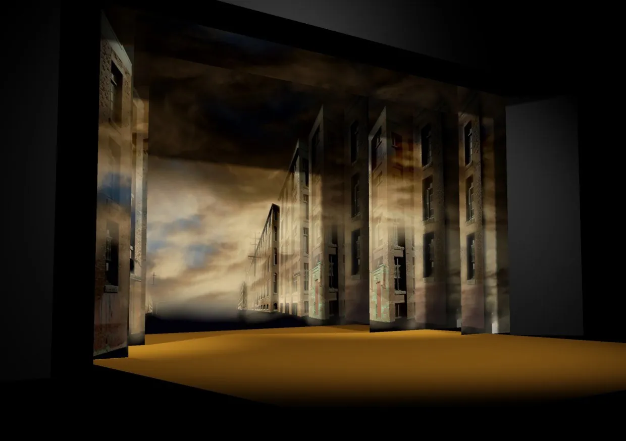 Stage Set: 3D render of a stage set: ruined building facades under a dark sky