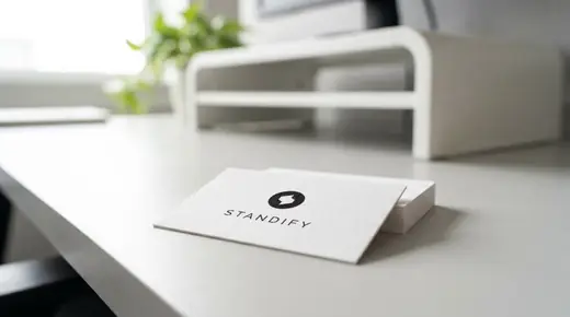 Standify: the round S mark and the STANDIFY wordmark printed in black on a textured white business card lying on a stack of cards on a light grey desk, close up