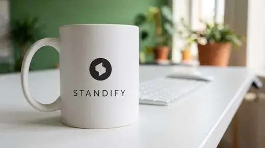 Standify: the round S mark and STANDIFY wordmark printed in black on a white matte coffee mug standing on the white top of a standing desk, a keyboard and potted plants by a green wall behind
