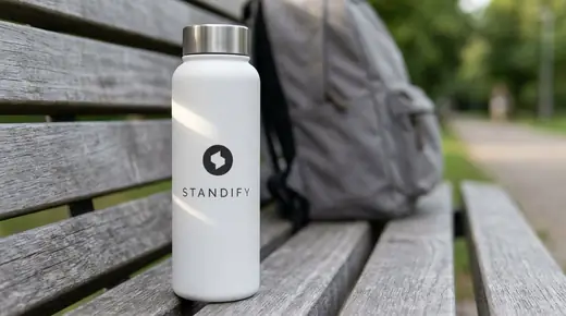 Standify: the round S mark and STANDIFY wordmark printed in black on a matte white steel water bottle standing on a weathered park bench in morning sun, a grey backpack beside it