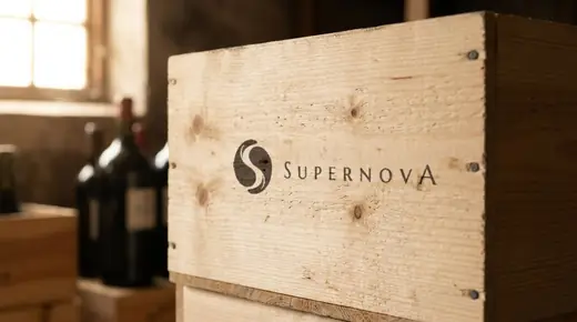 Supernova: the black horizontal Supernova logo burned into the end panel of a pale pine wine crate in an importer's warehouse