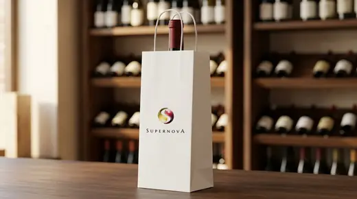 Supernova: the vertical colour logo, the white and red glass drops over the SUPERNOVA wordmark, printed in the centre of a narrow white paper bag that holds one wine bottle, its red capsule rising between the rope handles, on a walnut counter in a wine shop