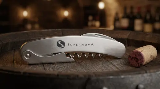 Supernova: the black horizontal Supernova logo, the S of two drops and the SUPERNOVA wordmark, laser-marked on the brushed steel handle of a waiter s corkscrew lying on an oak barrel top beside a wine-stained cork in a dim cellar