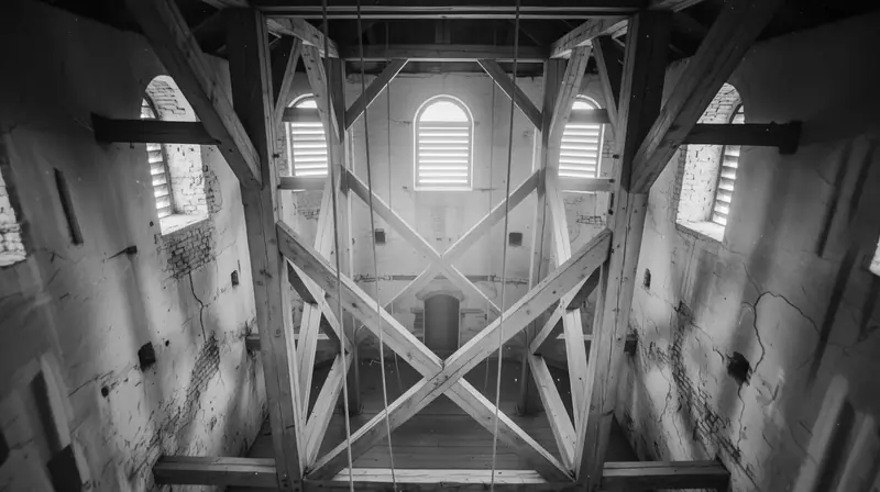 Looking up into the timber frame inside the bell tower