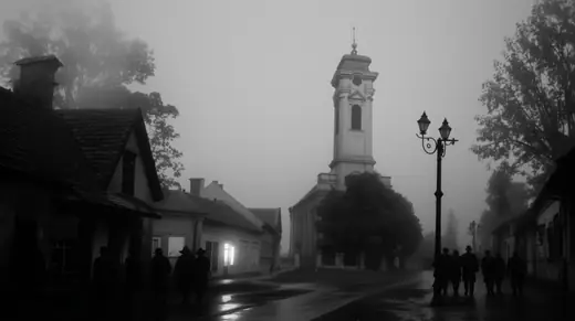A street at dusk with gas lamps and the church tower beyond